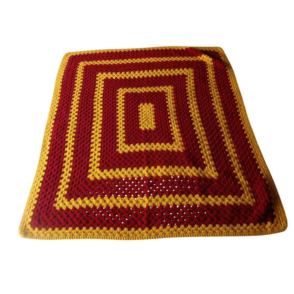Handmade Crochet Afghan Blanket Medium Burgundy Gold Excellent Retro